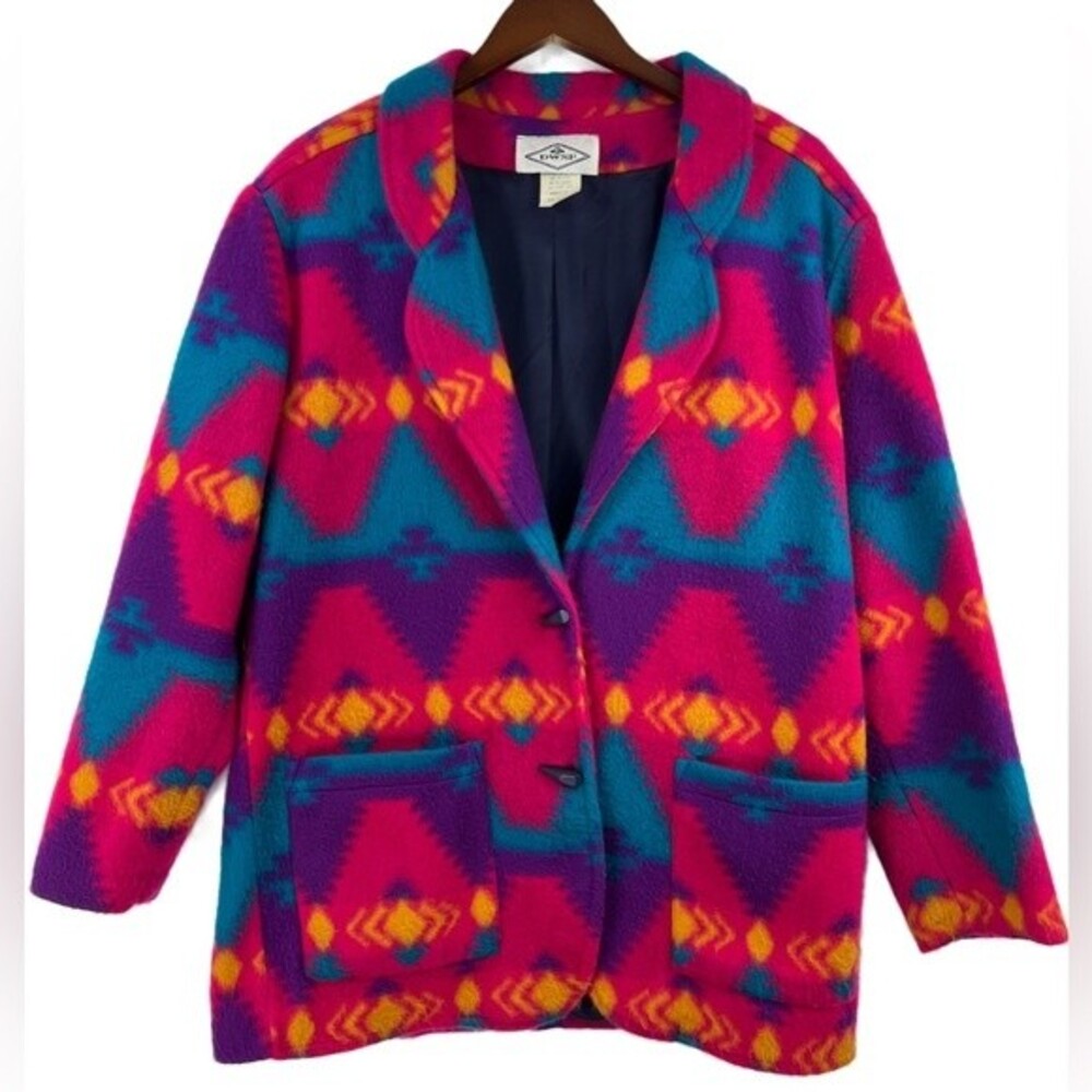 VTG 80s DWSF Women's Southwestern Fleece Navajo Aztec Shoulder Pads Coat Blazer